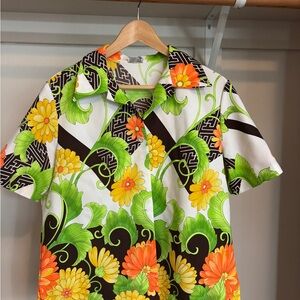 Floral Short Sleeve Shirt with Green and Orange Accents